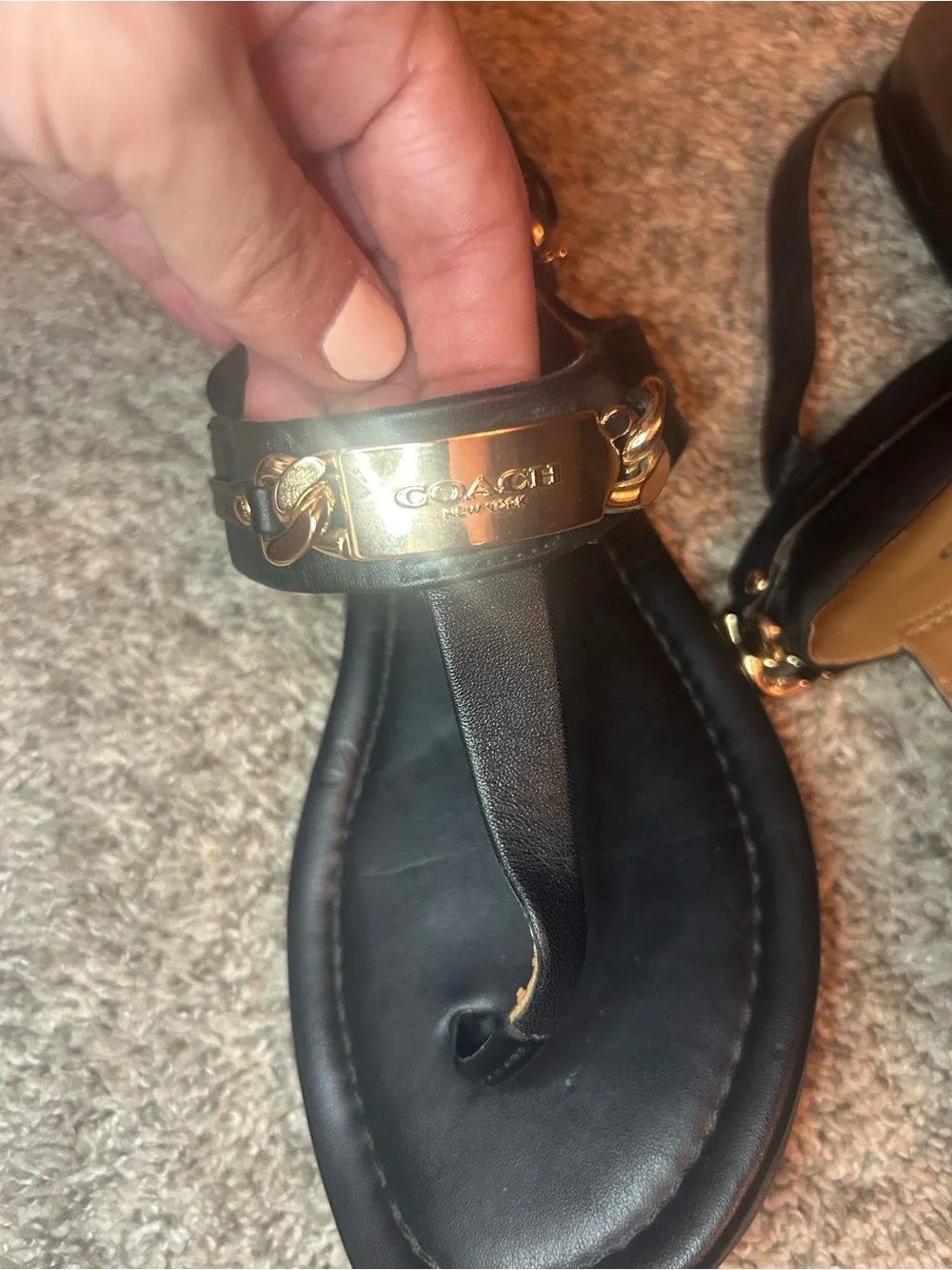 Coach Classic Black Leather T-Strap Sandals with Gold Hardware